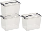 3x Sunware Q-Line opberg boxen/opbergdozen 9 liter 30 x 20 x 22 cm kunststof- Opslagbox - Opbergbak kunststof transparant/zilver