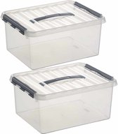 2x Sunware Q-Line opberg box/opbergdoos 15 liter 40 cm - Opbergbak kunststof transparant/zilver 2 stuks