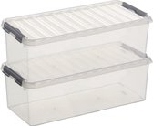 2x Sunware Q-Line opberg box/opbergdoos 9,5 liter 48,5 x 19 x 14,7 cm kunststof - Langwerpige/smalle opslagbox - Opbergbak kunststof transparant/zilver