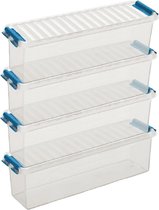 10x Sunware Q-Line opberg boxen/opbergdozen 1,3 liter 27 x 8,4 x 9 cm kunststof - Langwerpige/smalle opslagbox - Opbergbak kunststof transparant/blauw