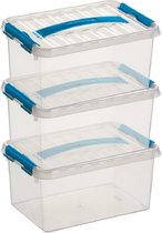 3x Sunware Q-Line opberg boxen/opbergdozen 6 liter 30 x 20 x 14 cm kunststof - Opslagbox - Opbergbak kunststof transparant/blauw