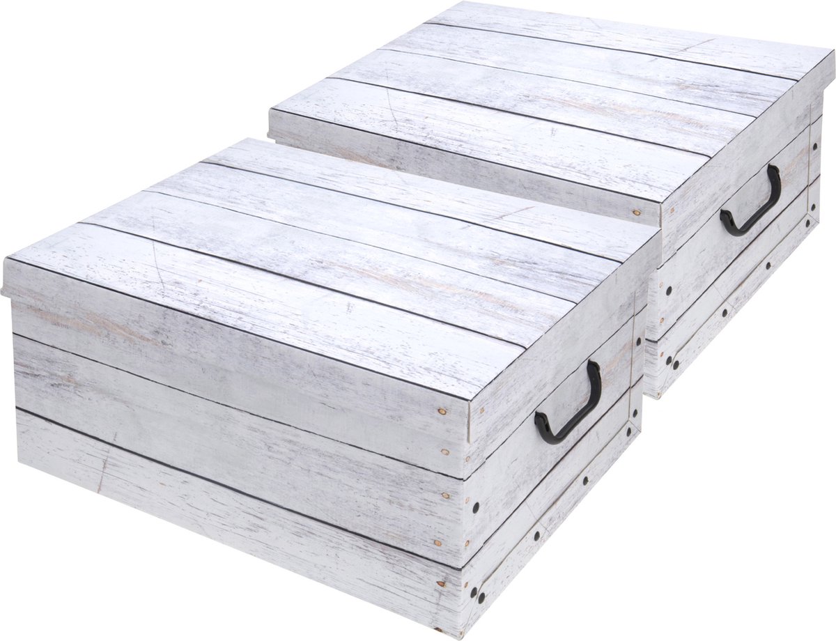 Set van 3x stuks opbergdoos/opberg box van karton met hout print wit 37 x 30 x 16 cm - Doos met deksel en handvatten