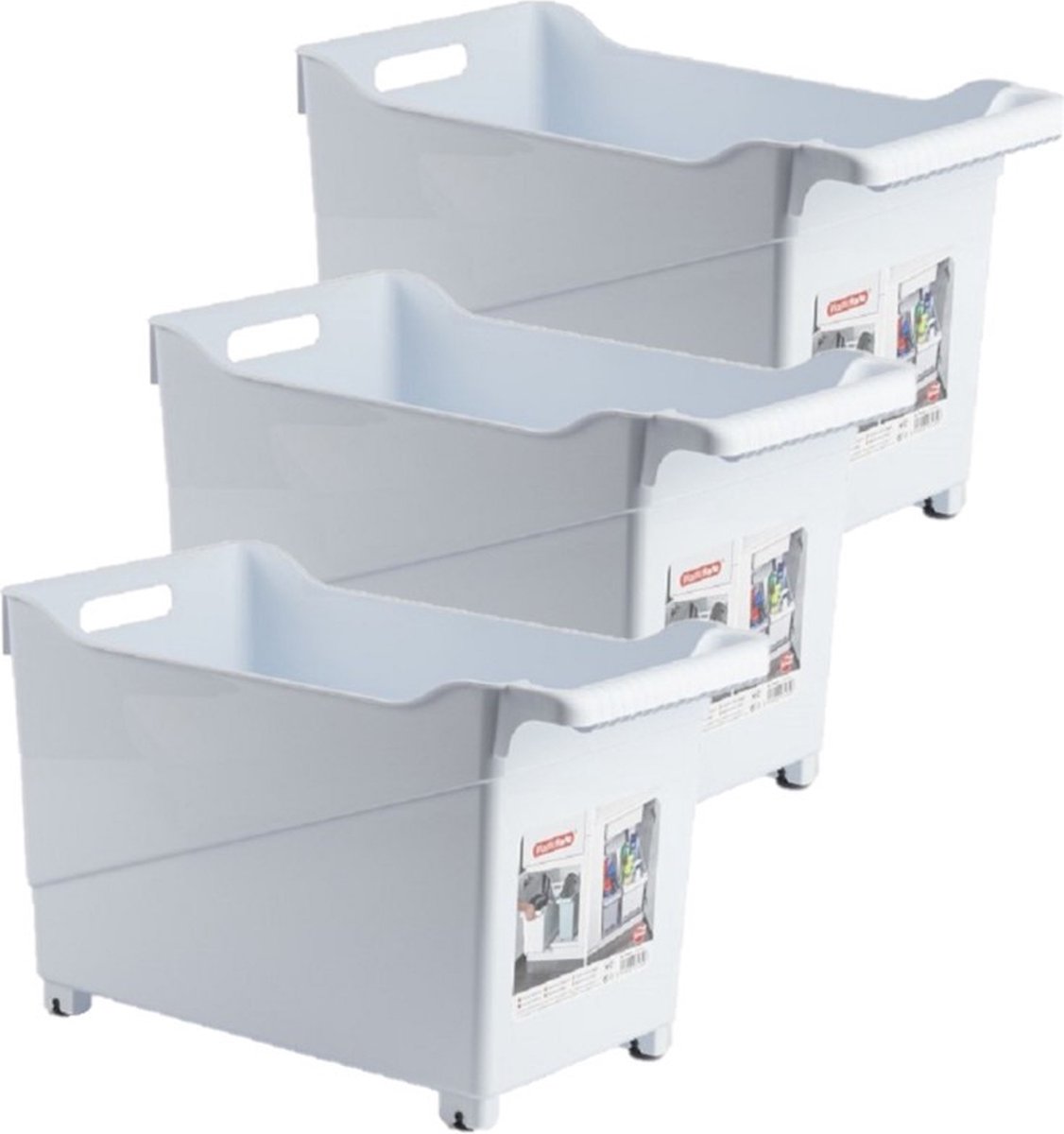 Set van 3x stuks kunststof trolleys wit op wieltjes L45 x B24 x H27 cm - Voorraad/opberg boxen/bakken