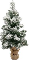 Kerstboom met sneeuw in jute zak H60cm met 20led (incl.knoopcel)