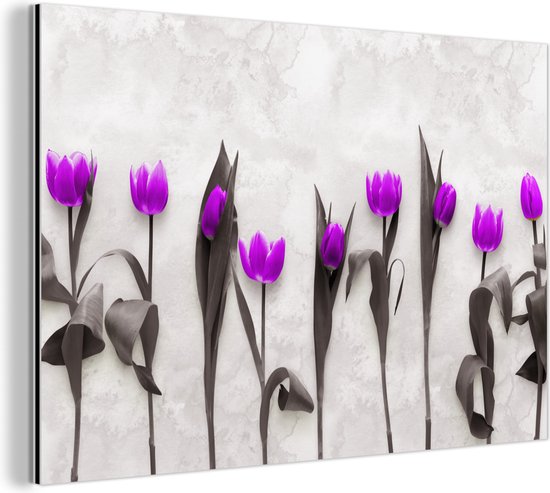 Wanddecoratie Metaal - Aluminium Schilderij Industrieel - Bloemen - Tulpen - Paars - 30x20 cm - Dibond - Foto op aluminium - Industriële muurdecoratie - Voor de woonkamer/slaapkamer
