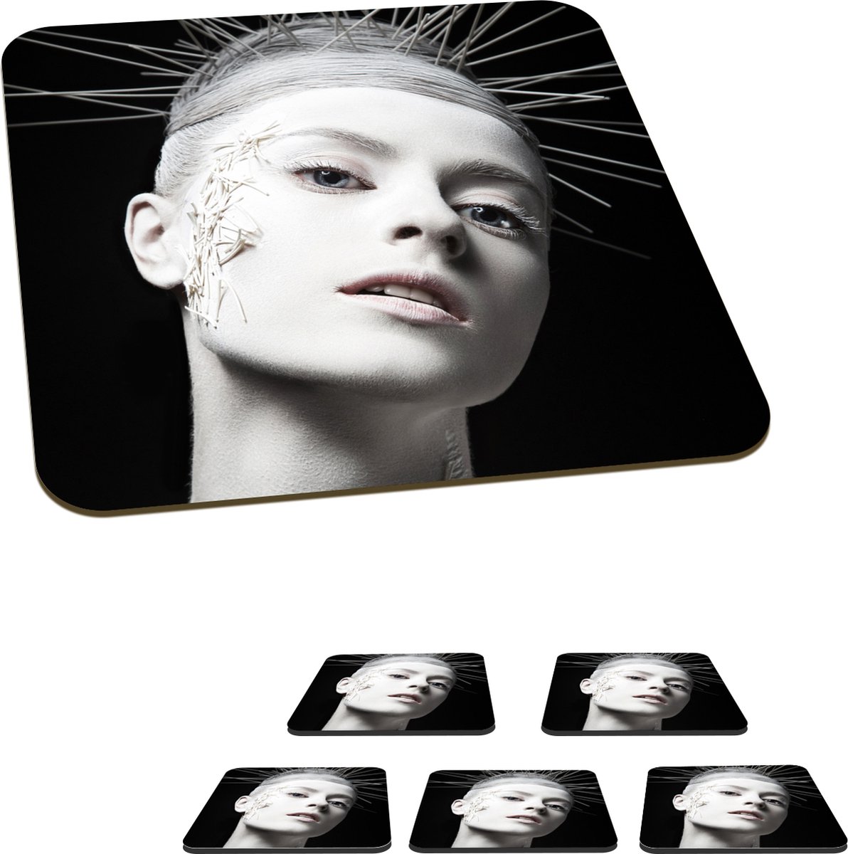 Onderzetters voor glazen - Vrouw - Wit - Blauw - 10x10 cm - Glasonderzetters - 6 stuks