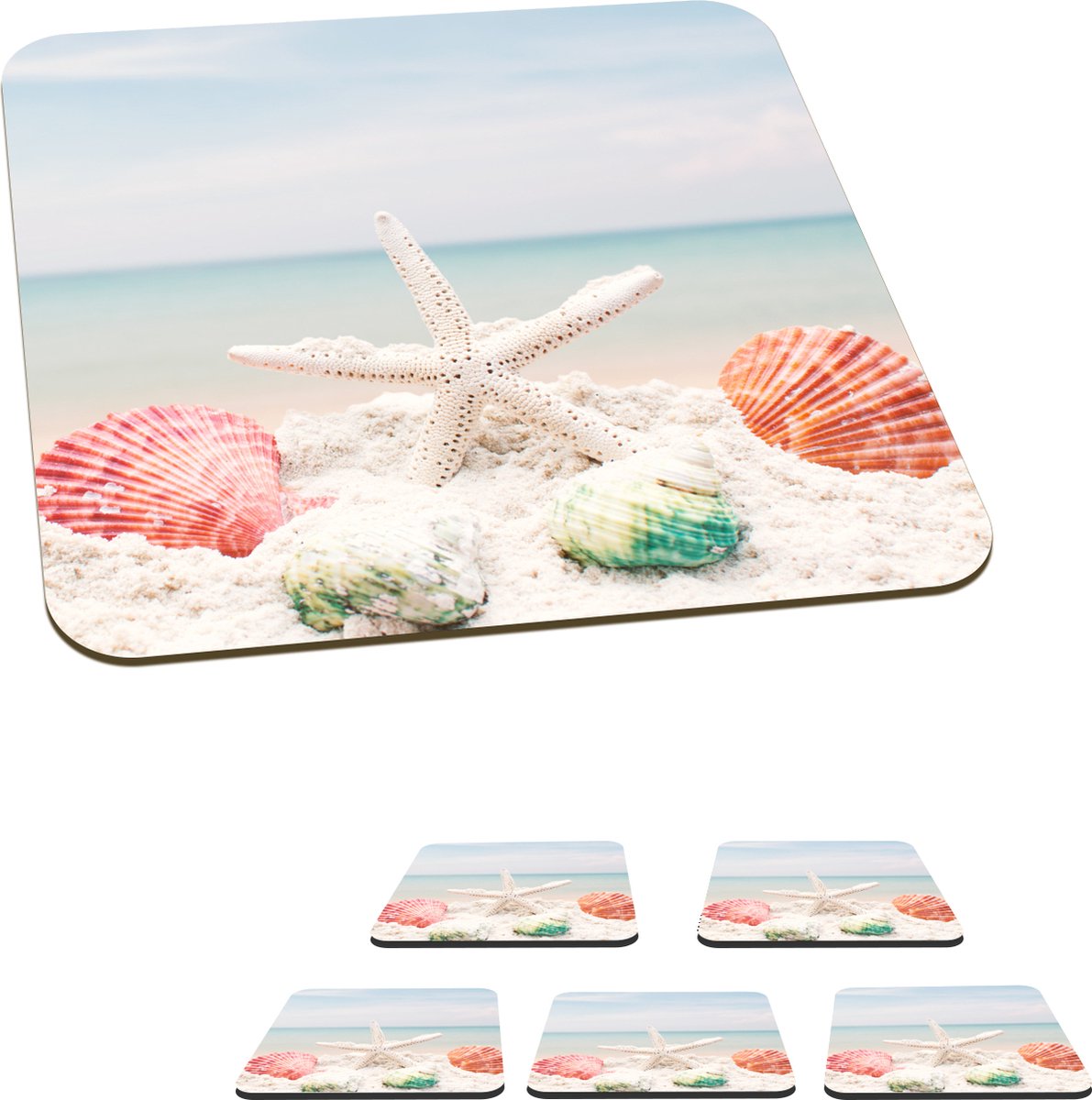 Onderzetters voor glazen - Schelpen - Zeester - Strand - 10x10 cm - Glasonderzetters - 6 stuks