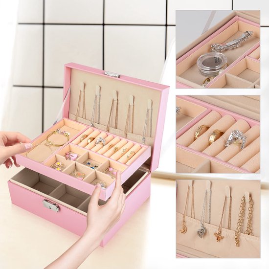 Dajasan Sieradendoos, sieradenopslag, groot sieradendoosje met 1 lade, 3 niveaus sieradendoos voor ringen, oorbellen, halskettingen, armbanden, horloges (zwart