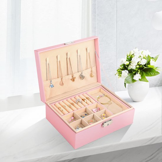 Sieradendoos voor dames en meisjes, sieradenkistje Vuir PU, 2 lagen