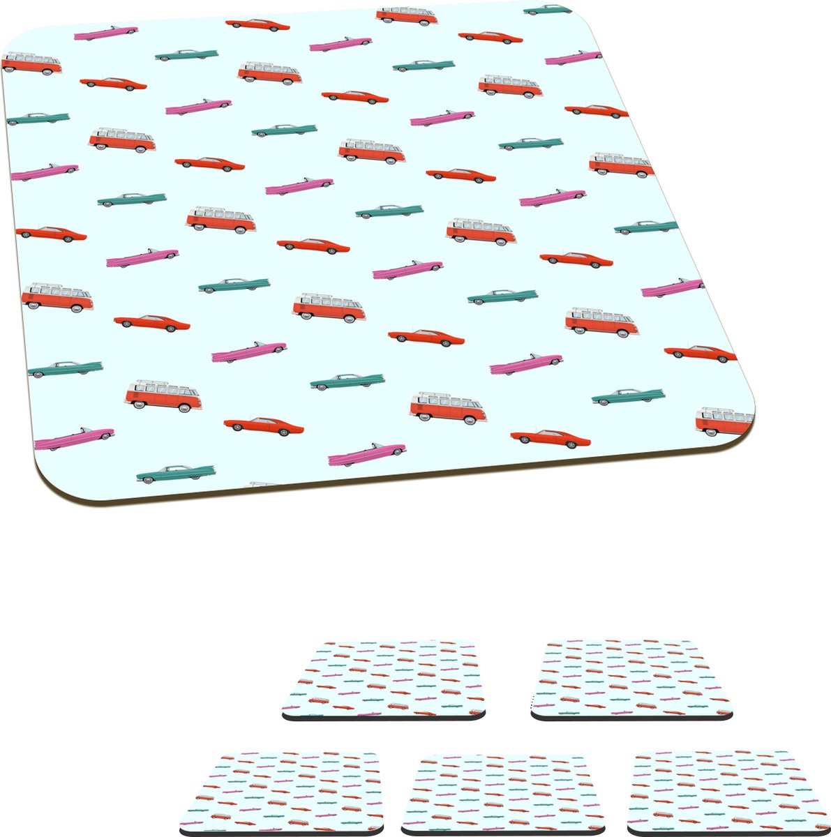 Onderzetters voor glazen - Auto - Patroon - Kleuren - 10x10 cm - Glasonderzetters - 6 stuks
