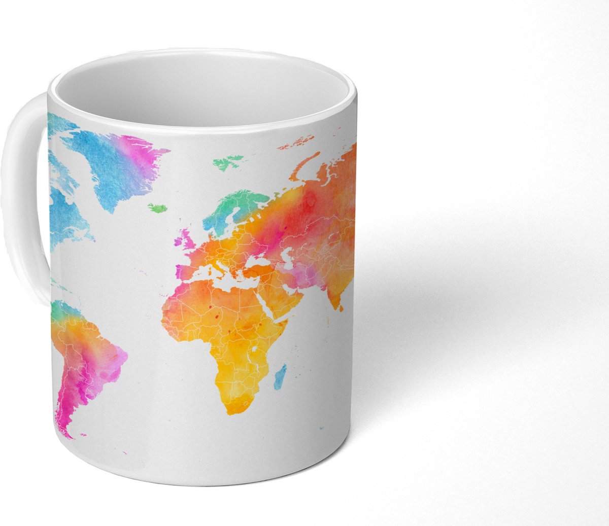 Mok - Koffiemok - Wereldkaart - Simpel - Waterverf - Mokken - 350 ML - Beker - Koffiemokken - Theemok
