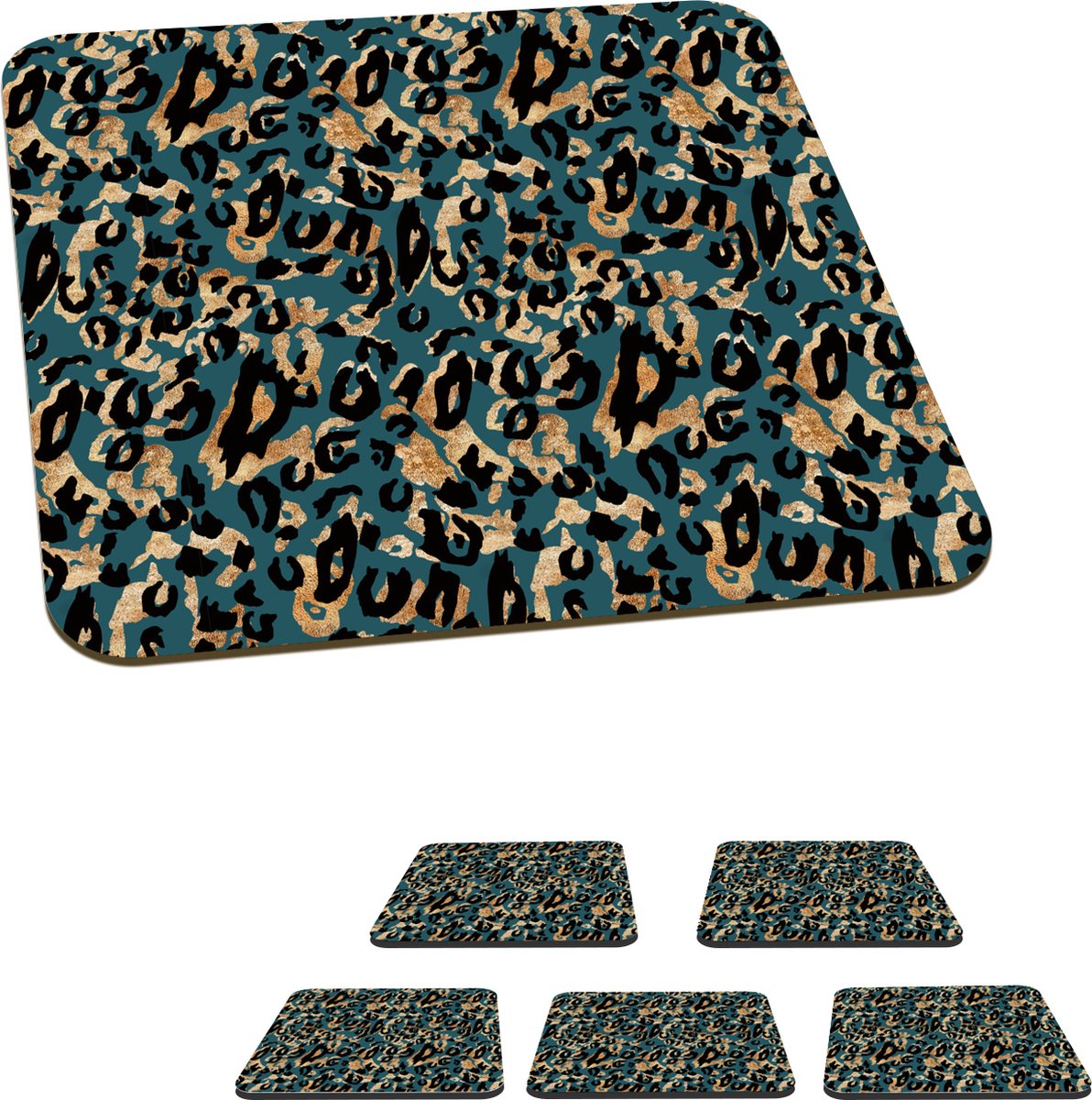 Onderzetters voor glazen - Dierenprint - Panterprint - Turquoise - 10x10 cm - Glasonderzetters - 6 stuks