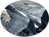 WallClassics - Plaque Ovale en Mousse PVC - Avions de Chasse Survolant la Ville - Photo 40x30 cm sur Ovale (Avec Système d'accrochage)