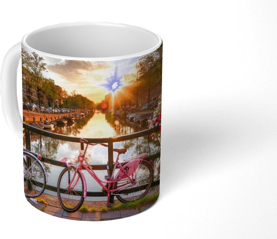 Mug - Tasse à café - Amsterdam - Fleurs - Pont - Vélo - Coucher de soleil - Tasses - 350 ML - Tasse - Tasses à café - Tasse à thé