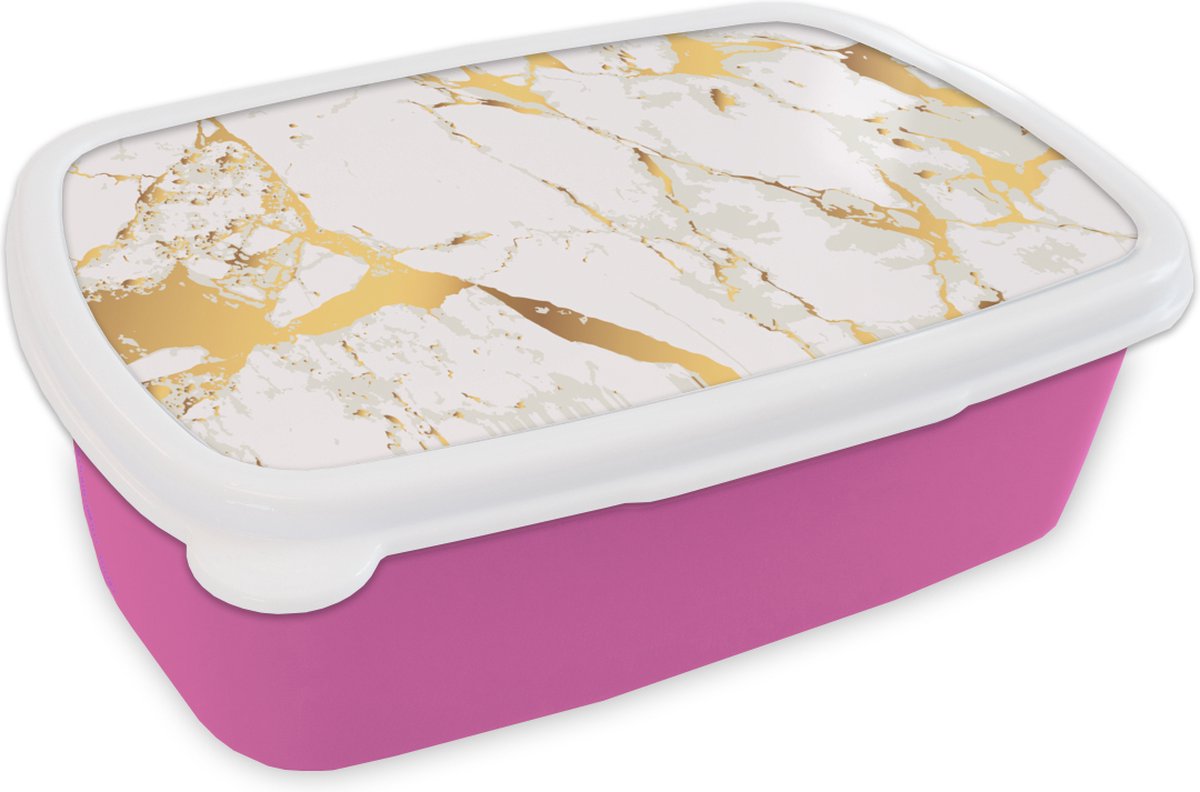 Broodtrommel Roze - Lunchbox - Brooddoos - Marmer - Goud - Wit - Chic - 18x12x6 cm - Kinderen - Meisje