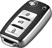 TPU Sleutelcover - Sleutelhoesje Geschikt voor Volkswagen Golf / Polo / Tiguan / Up / Passat / Seat Leon / Skoda Citigo - Zilvergrijs en Zwart Leer - Flexibele Sleutel Cover - Zacht Hoesje - Auto Accessoires