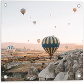 WallClassics - Tuinposter – Luchtballonnen boven Landschap - 50x50 cm Foto op Tuinposter  (wanddecoratie voor buiten en binnen)