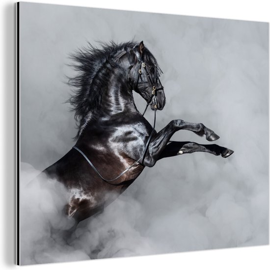 Wanddecoratie Metaal - Aluminium Schilderij - Paard - Rook - Zwart - Dibond
