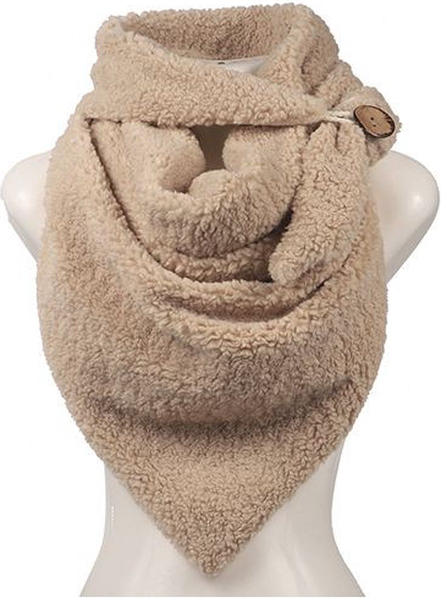 Vachtsjaal Nila - Teddy - Omslagdoek - Sjaal met knoop - Licht Camel - 2 zijden draagbaar