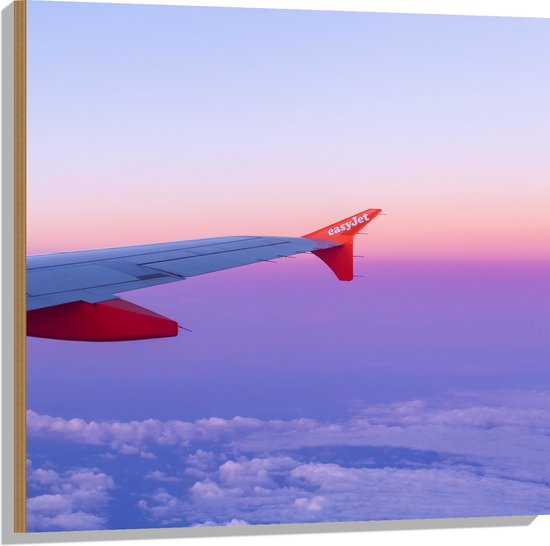 WallClassics - Bois - Aile d'avion rouge/ Witte dans un ciel violet - 80x80 cm - 12 mm d'épaisseur - Photo sur bois (avec système de suspension)