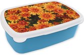 Broodtrommel Blauw - Lunchbox - Brooddoos - Bloemen - Oranje - Chrysant - 18x12x6 cm - Kinderen - Jongen