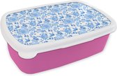 Broodtrommel Roze - Lunchbox - Brooddoos - Bloemen - Patroon - Blauw - 18x12x6 cm - Kinderen - Meisje