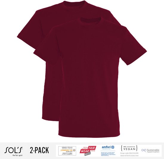 2 Pack Sol's Heren T-Shirt 100% biologisch katoen Ronde hals Burgundy Maat S
