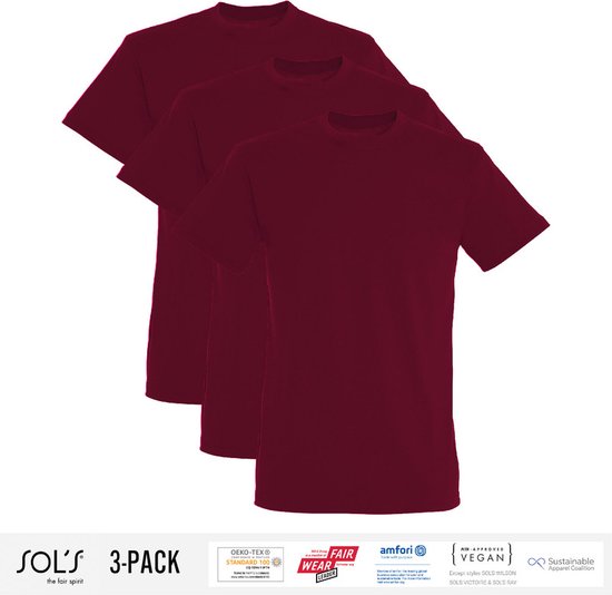 3 Pack Sol's Heren T-Shirt 100% biologisch katoen Ronde hals Burgundy Maat S