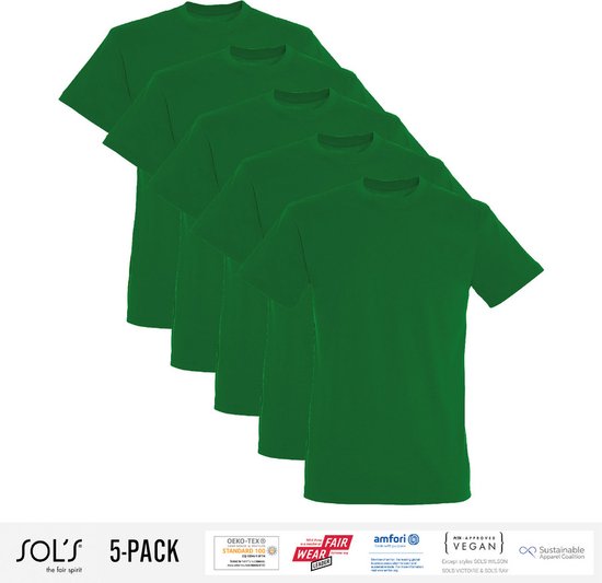 5 Pack Sol's Heren T-Shirt 100% biologisch katoen Ronde hals Kelly Groen Maat XXL