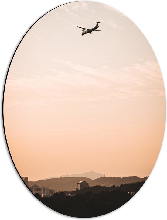 WallClassics - Dibond Ovaal - Vliegtuig boven Bergjes - 42x56 cm Foto op Ovaal (Met Ophangsysteem)