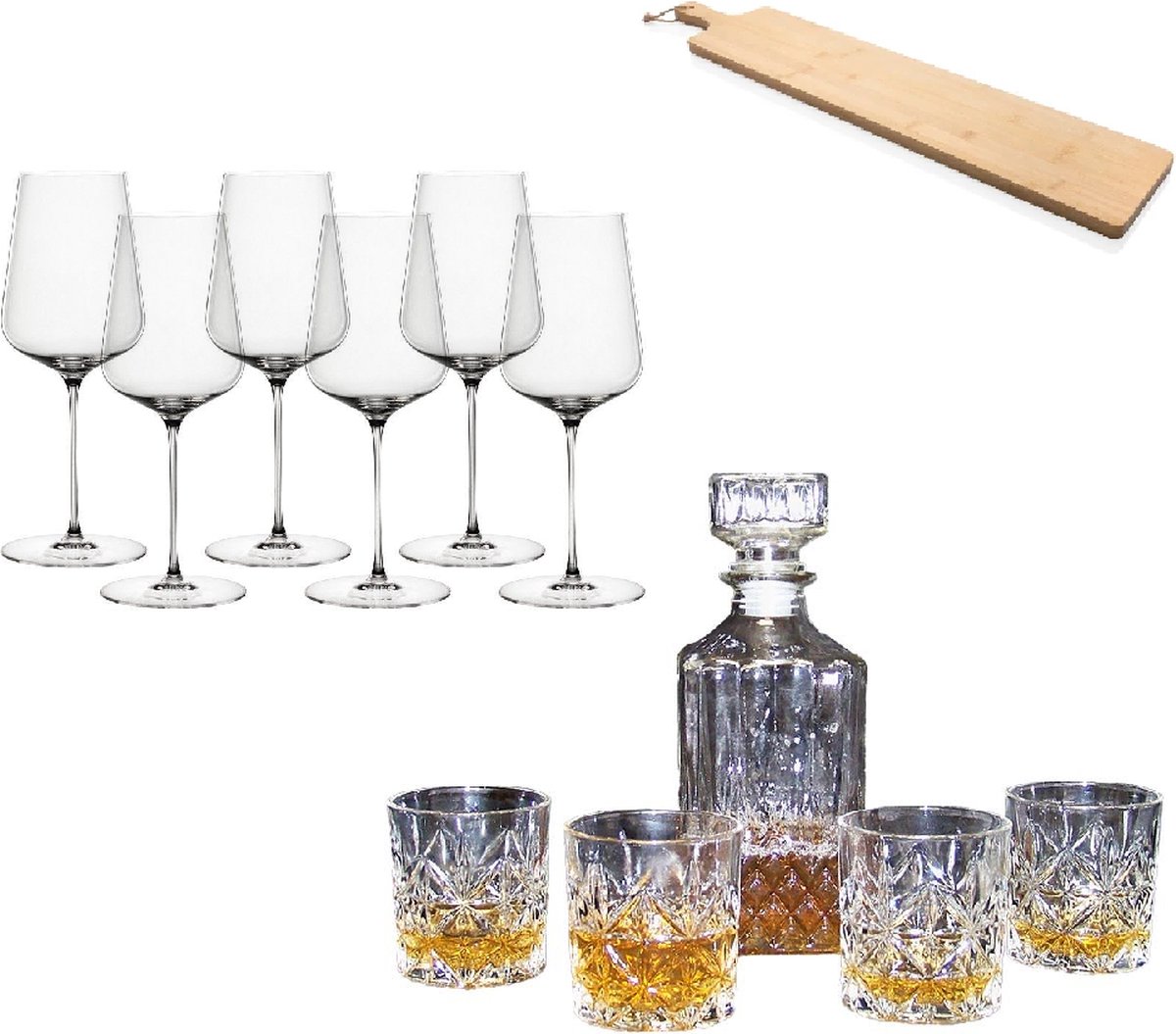 Borrelpakket - Luxe Borrelplank - Kristal Wijnglazen - Whiskey Set - Voordeelpakket