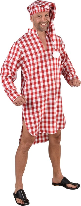 Bejaard Kostuum | Vader Jakob Nachthemd Met Slaapmuts Rood Wit Geblokt | Man | Extra Small / Small | Carnaval kostuum | Verkleedkleding