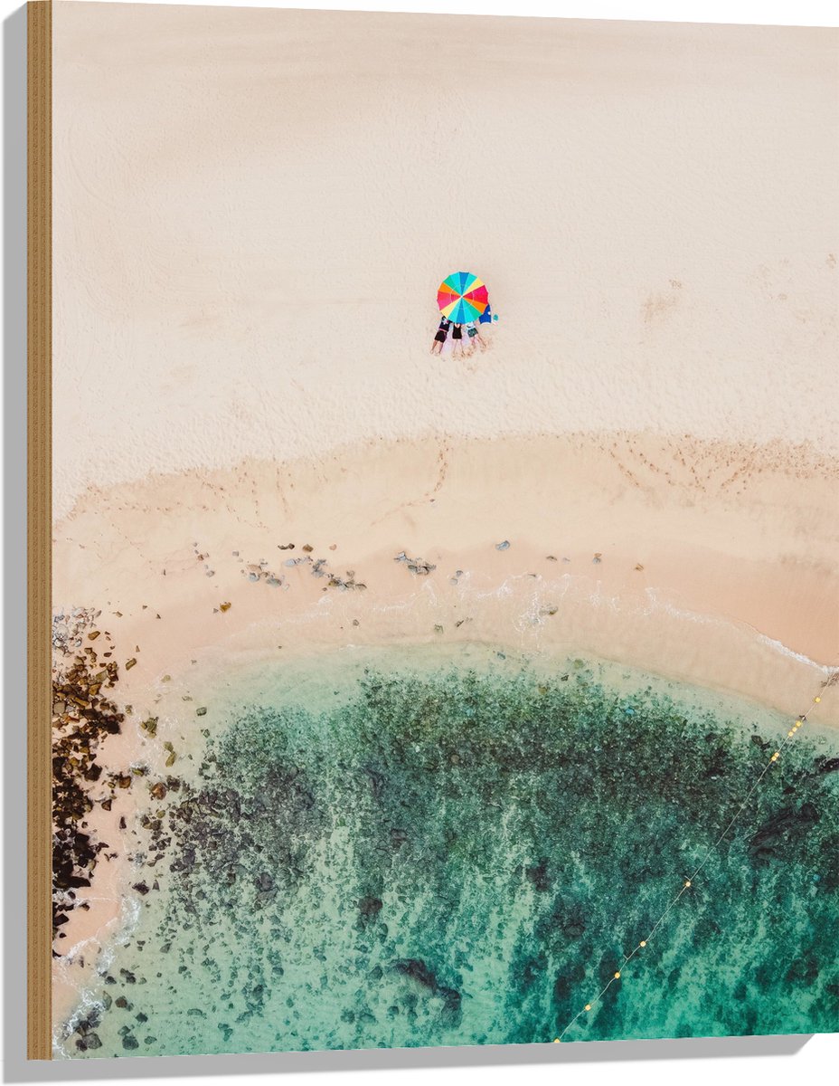 Hout - Parasol op het Strand - 60x80 cm - 12 mm dik - Foto op Hout (Met Ophangsysteem)