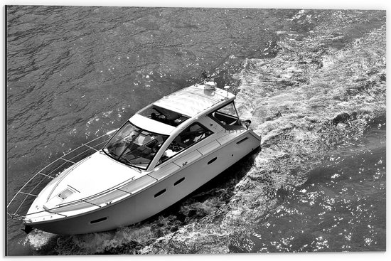WallClassics - Dibond - Speedboot in Zwart Wit - 60x40 cm Foto op Aluminium (Met Ophangsysteem)