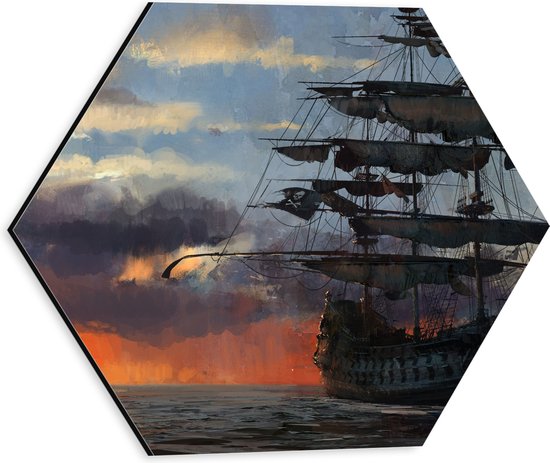 WallClassics - Dibond Hexagon - Groot Piratenschip op Zee met Zon - 30x26.1 cm Foto op Hexagon (Met Ophangsysteem)