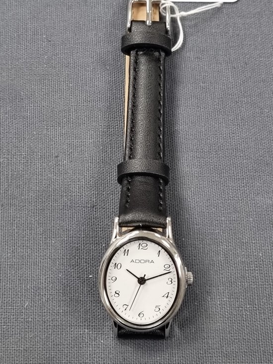 Dames horloge met ovaal horlogekast /zilverkleurig met leren band.AB6568