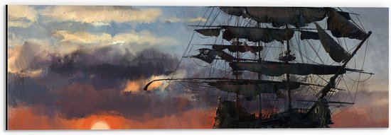 WallClassics - Dibond - Groot Piratenschip op Zee met Zon - 60x20 cm Foto op Aluminium (Wanddecoratie van metaal)