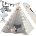 Crème tipi speeltent met sterverlichting, vlaggetjes en een opbergzak. Inclusief kussens en deken.