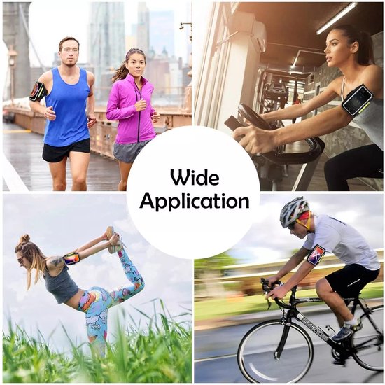 Collage toont mannen en vrouwen die sporten met de sportarmband: rennen, yoga, fietsen en fitness.