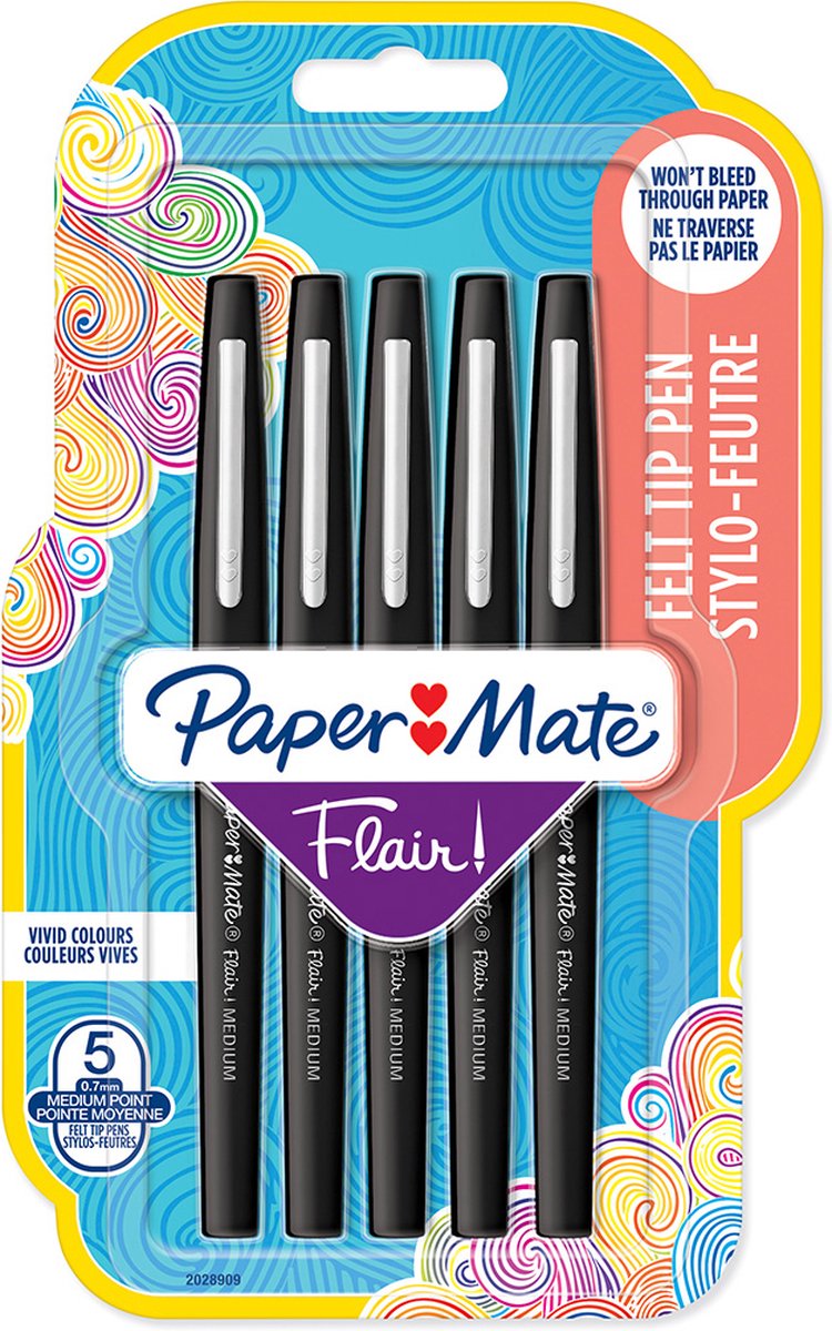 Paper Mate Flair-viltstiften | Medium punt (0,7 mm) | Zwart | 5 stuks