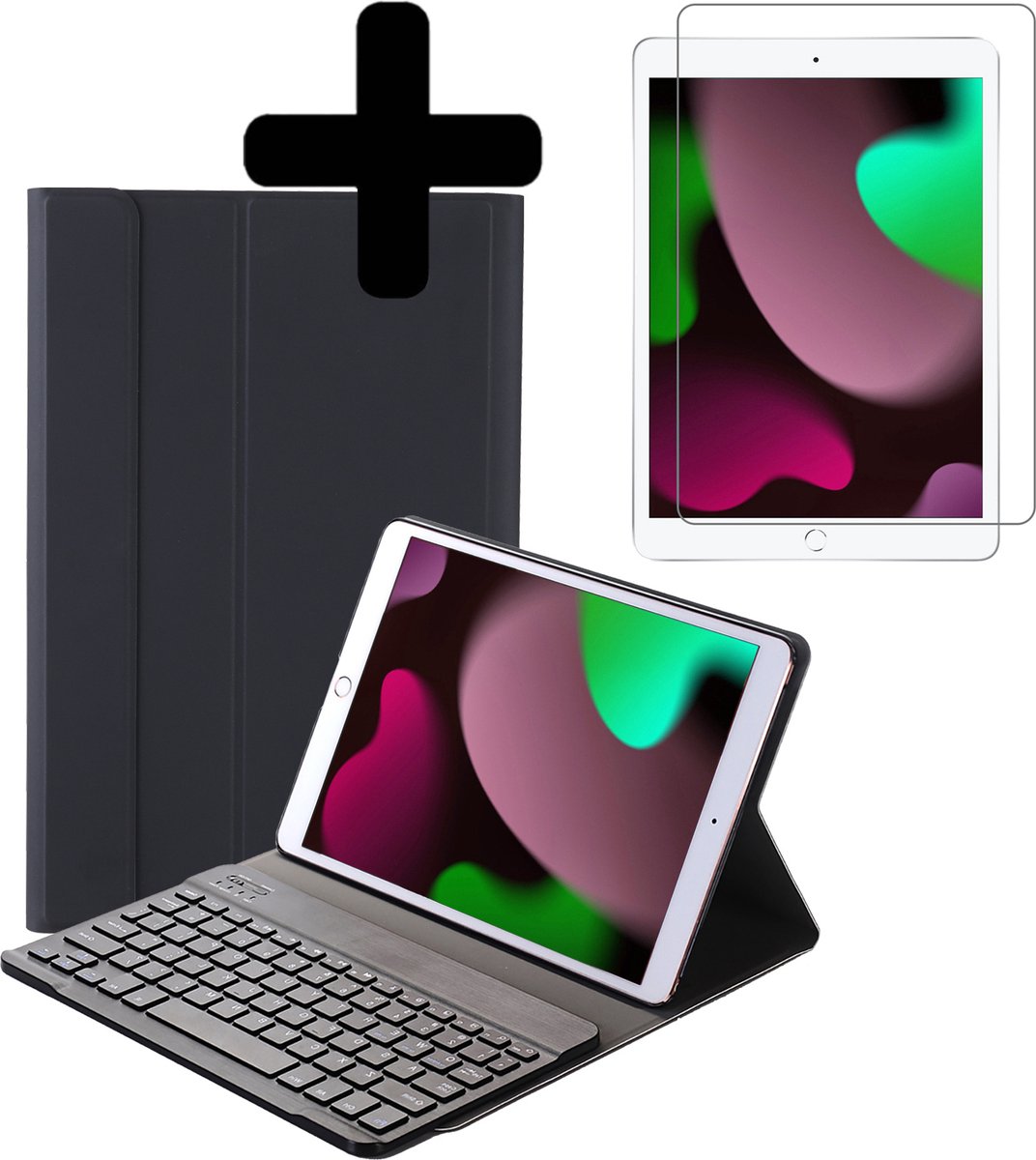 Hoes Geschikt voor iPad 10.2 2020 Hoes Keyboard Cover Toetsenbord Hoesje Met Screenprotector - Hoesje Geschikt voor iPad 8 Toetsenbord Hoes - Zwart
