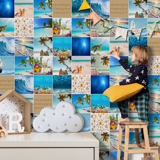 Plaktegels - Zelfklevende Tegels - 15x15 cm - Ulticool - Strand Zee Aquarium Surfplank Hout Schelpen Zand Decoratie - 15 stuks - Decoratie Sticker Tegels - Plakfolie Tegelstickers - Achterwand voor de Muur Badkamer - Keukenwand Keuken - Sticktiles