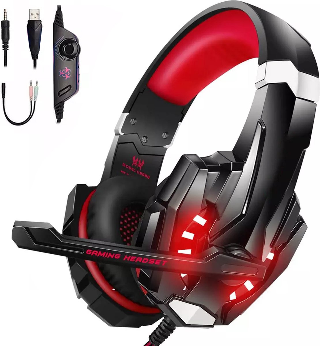 Galesto RED FIRE Gaming Headset - Led Verlichting - Gaming Koptelefoon - Voor Playstation 4 en Playstation 5 en Xbox One - Professionele Gaming Headset - Comfortabele oorkussens - Ps5 en Ps4 Headset - Surround sound & Noise Cancelling Hoofdtelefoon