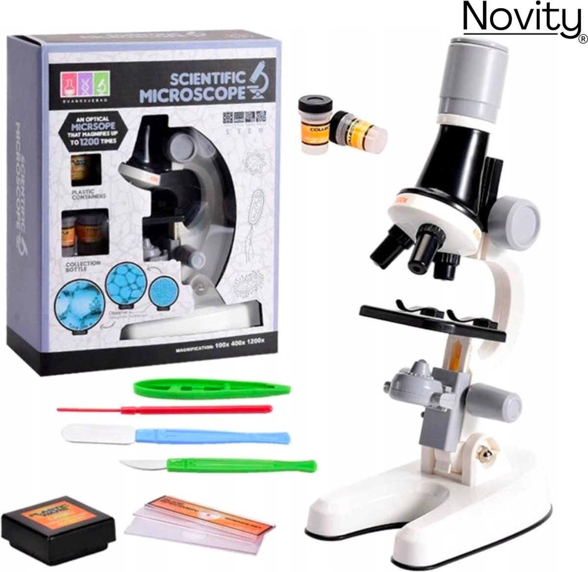 Novity® Microscoop voor Kinderen - Junior Microscoop - Veel Accessoires - Biologisch - Wetenschap - Educatief - Tot X1200 - LED Verlichting - Kinder Speelgoed - Sinterklaas - Kerst - Wit