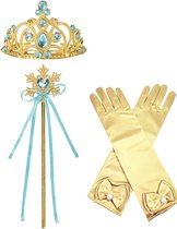 Het Betere Merk - Prinsessen Speelgoed - Prinses Kroon (Tiara) - Toverstaf - Prinsessen Handschoenen - Voor bij je Verkleedkleding - Blauw - Goud