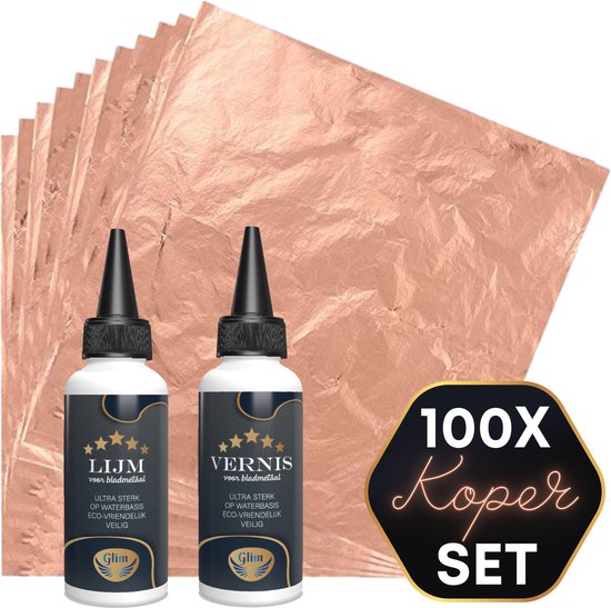 Pile de feuilles de cuivre avec deux bouteilles de colle et de vernis. Set cuivre.