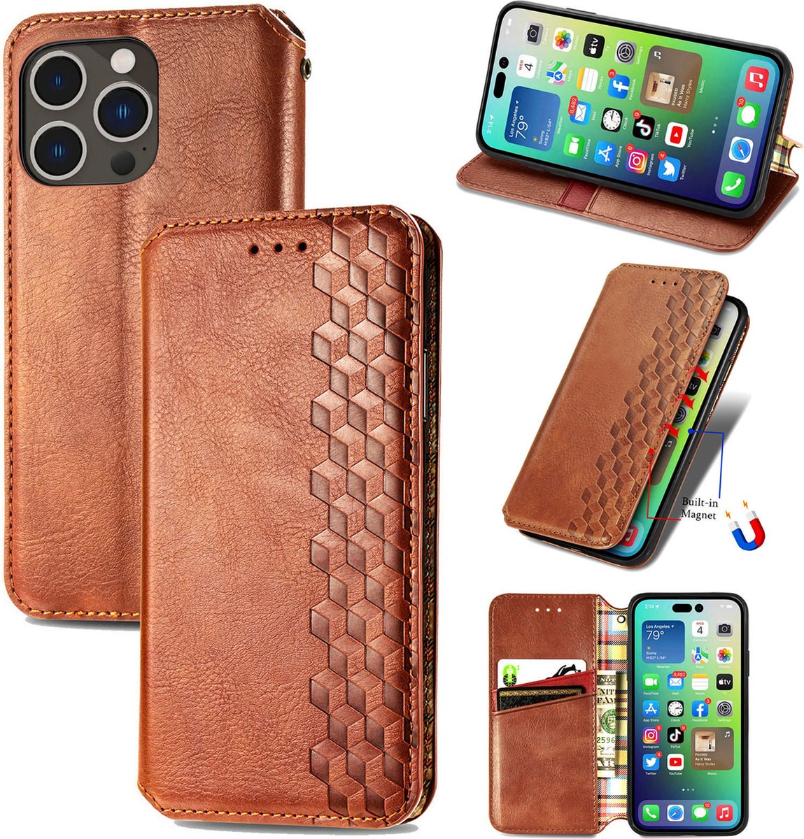 Luxe PU Lederen Ruitpatroon Wallet Case + Screenprotector voor iPhone 14 Pro Max _ Bruin
