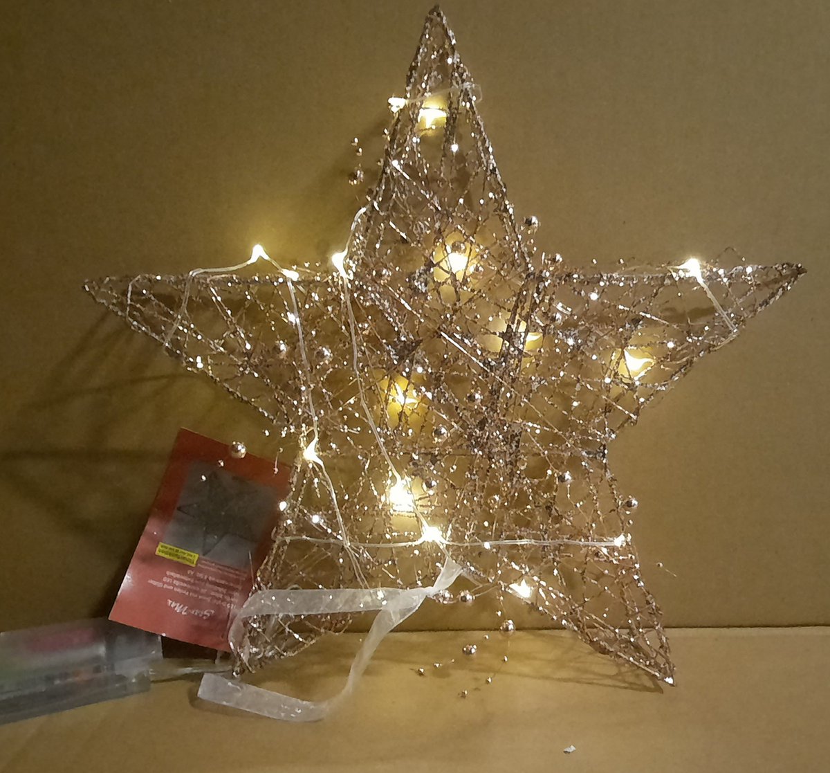 Star-max Kerstster - Draadster- 30cm- Goud/glitter/parels met 20 warm witte LEDs