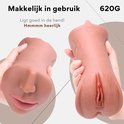 Een hand houdt een roze masturbator met gezicht. Een andere hand houdt een roze masturbator met vagina.