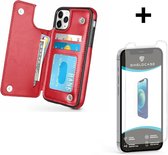 ShieldCase Wallet case geschikt voor Apple iPhone 12 / 12 Pro - 6.1 inch - rood + glazen Screen Protector